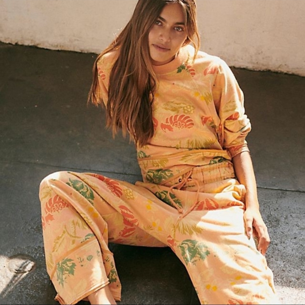 Free People Floral Print sweat set in Peach and Yellow